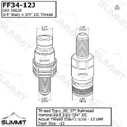 Flat Face Hydraulic Quick Coupler, 3/4 Body x #12 JIC Skid Steer Bulkhead Mount